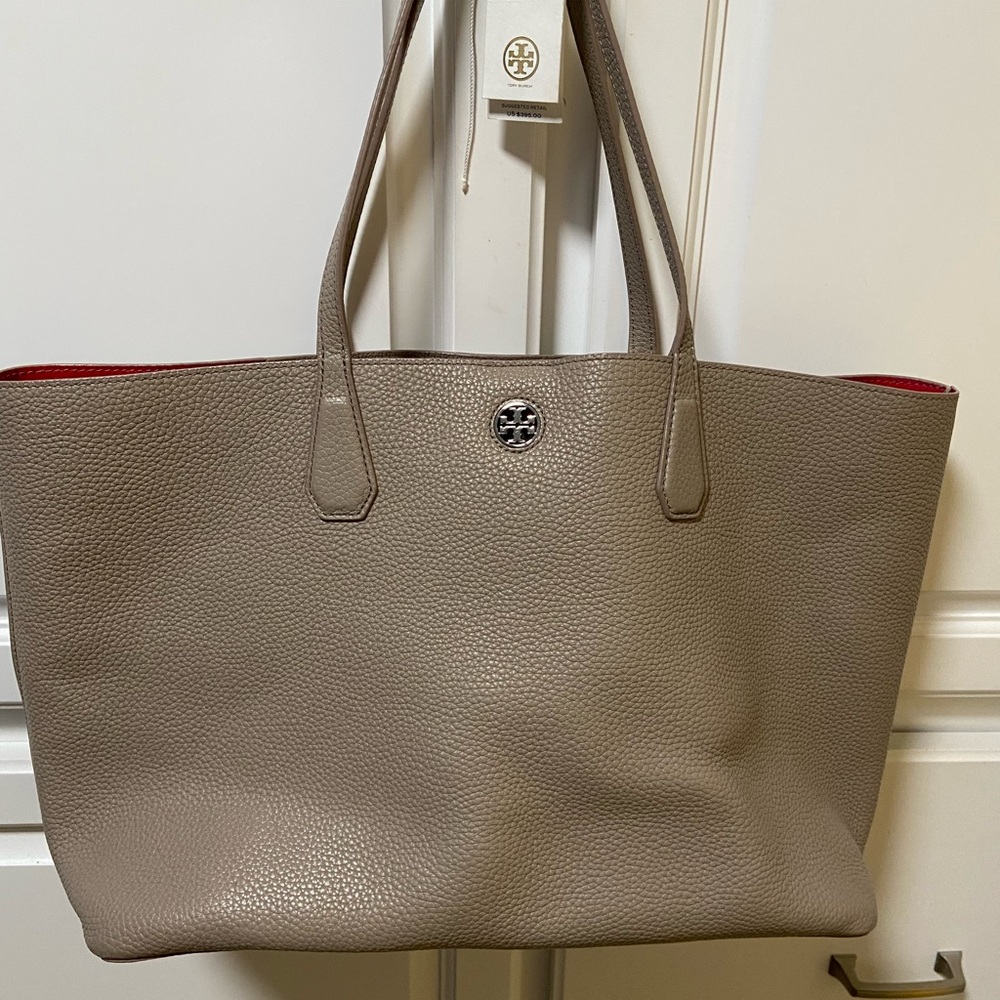 Tory Burch Perry leather tote in French grey with poppy interior